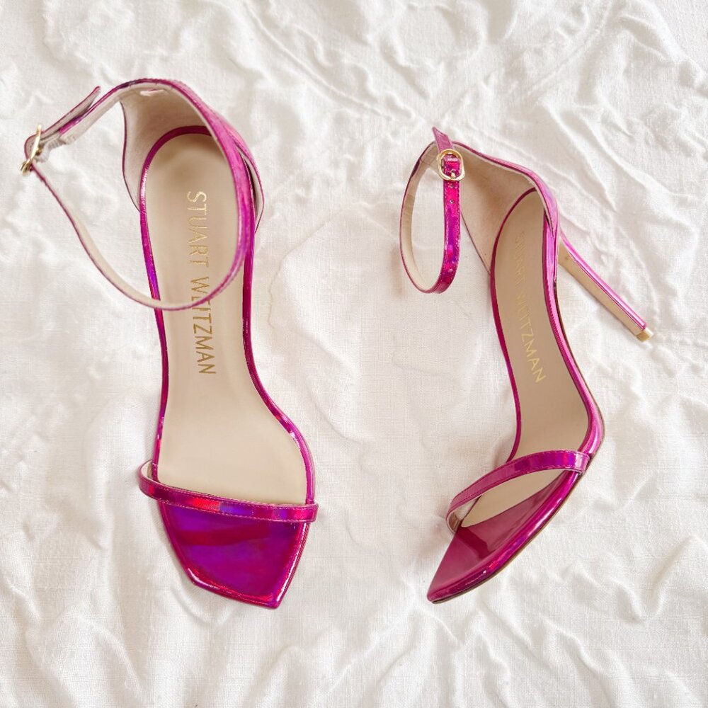 Stuart Weitzman Pink Iridescent Ankle-Strap Stiletto Sandals - Picture 6 of 10